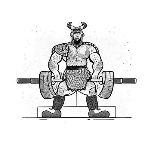 A powerful Viking warrior lifting weights in a gym tattoo design idea