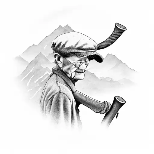 flat cap and walking stick. mountain background  tattoo design idea