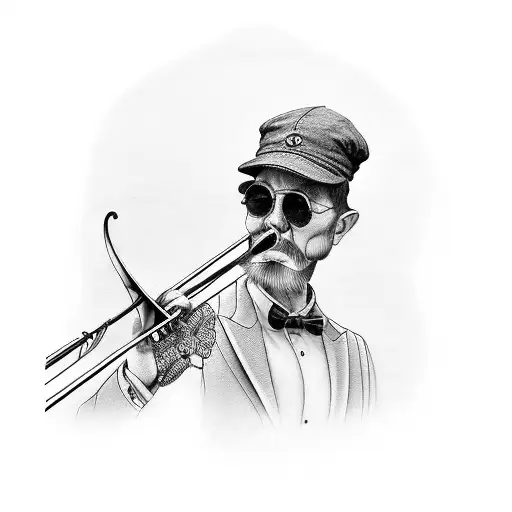 trombone with walking stick and flat cap tattoo design idea