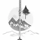 flat cap and walking stick. mountain background  tattoo design idea