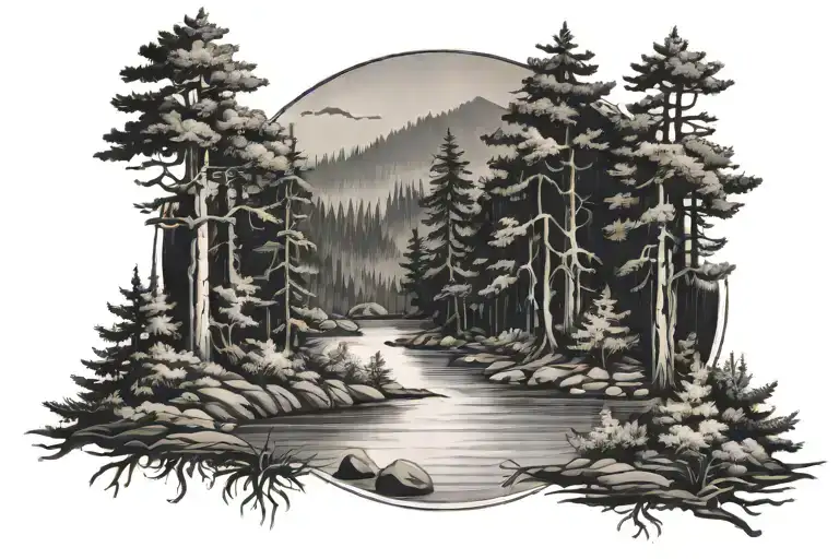River and Hemlock trees background looking tattoo design idea