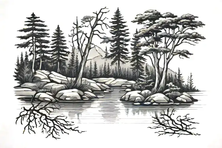 Create a black and white tattoo 5 inches tall and 2 inches wide of a river and hemlock trees tattoo design idea