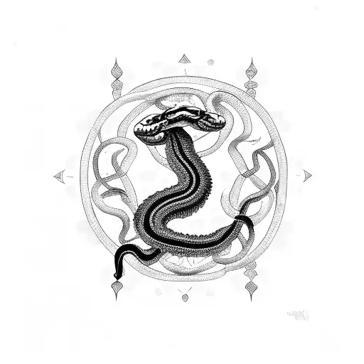Snake coiled around an Indian deity in blackwork style tattoo design idea