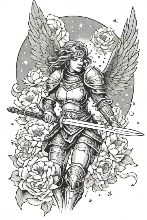 girl warrior in armor with a sword and wings against the background of cosmic stars of the peony nebulae tattoo design idea
