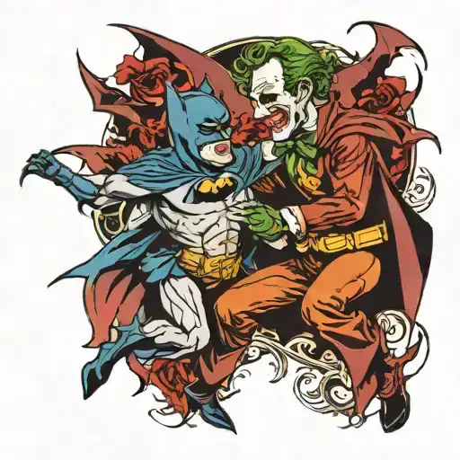 A neotraditional tattoo of Batman and the Joker engaged in an epic battle tattoo design idea
