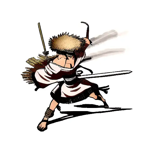 bleach sword, naruto headband by sword hilt, and one piece straw hat on top of the sword tattoo design idea