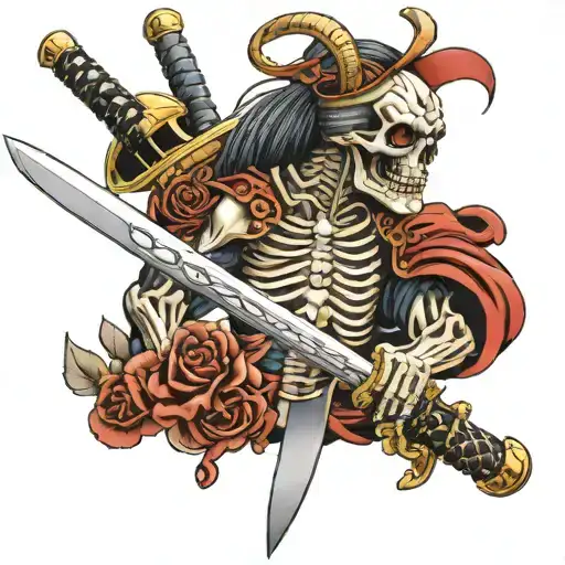 Samurai sword tattoo with a skeleton on the sheath of the sword tattoo design idea