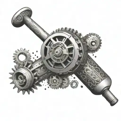 An intricate dotwork tattoo of a mechanical gear morphing into a baseball bat tattoo design idea