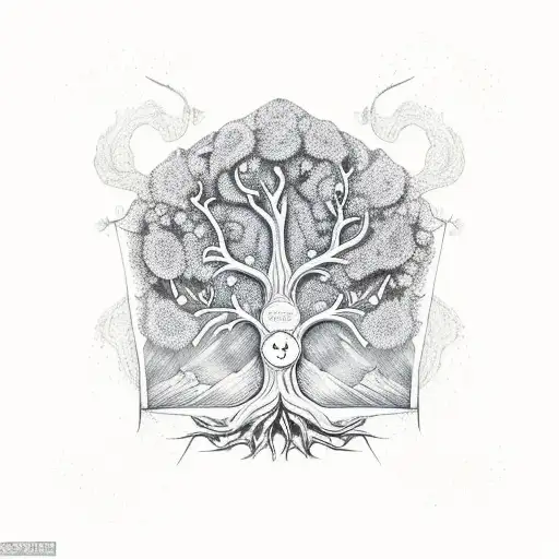 A tree of life with roots roped around an anchor, compass, playing cards solitaire and clock with the names Rachel Nelli tattoo design idea