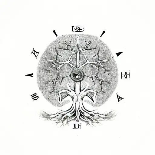 A tree of life with roots roped around an anchor, compass, playing cards solitaire and clock with the names Rachel Nelli tattoo design idea
