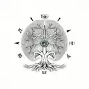 A tree of life with roots roped around an anchor, compass, playing cards solitaire and clock with the names Rachel Nelli tattoo design idea