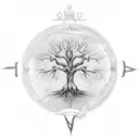 A tree of life with roots roped around an anchor, compass, playing cards solitaire and clock with the names Rachel Nelli tattoo design idea