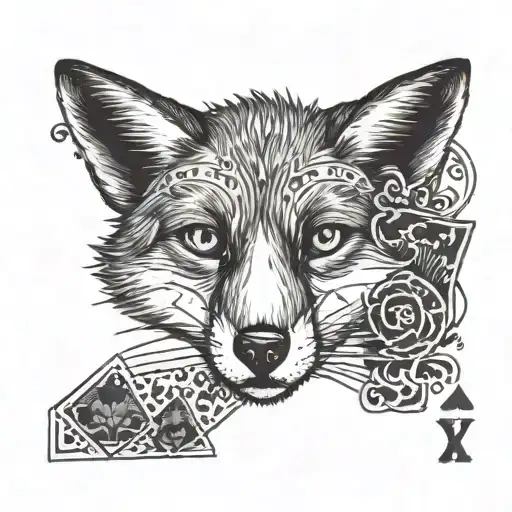 Small minimal fox sitting on a square background, accented by calligraphy brush strokes, with 4 large Aces playing cards tattoo design idea