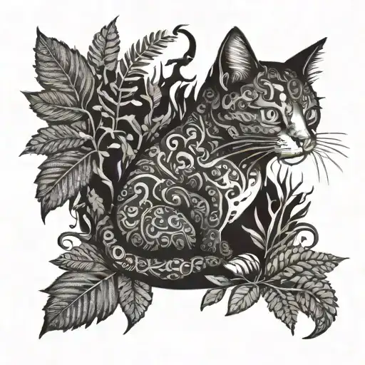 gothic cat and dragon with leafs and ferns tattoo design idea