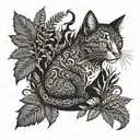gothic cat and dragon with leafs and ferns tattoo design idea