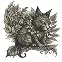 gothic cat and dragon with leafs and ferns tattoo design idea