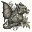 gothic cat and dragon with leafs and ferns tattoo design idea