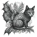 gothic cat and dragon with leafs and ferns tattoo design idea