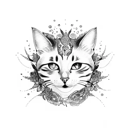 A whimsical portrayal of the beauty of nature and the spiritual journey of self-discovery, inspired by the love for cats tattoo design idea