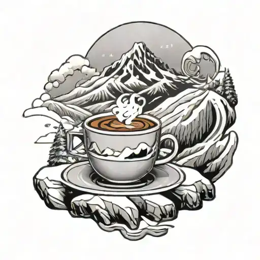 A tattoo of Kirby enjoying a cup of coffee on a snowy mountain peak, blending your favorite things with your passion for snowboarding tattoo design idea