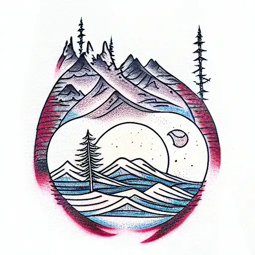 Mountains trees moon tattoo design idea