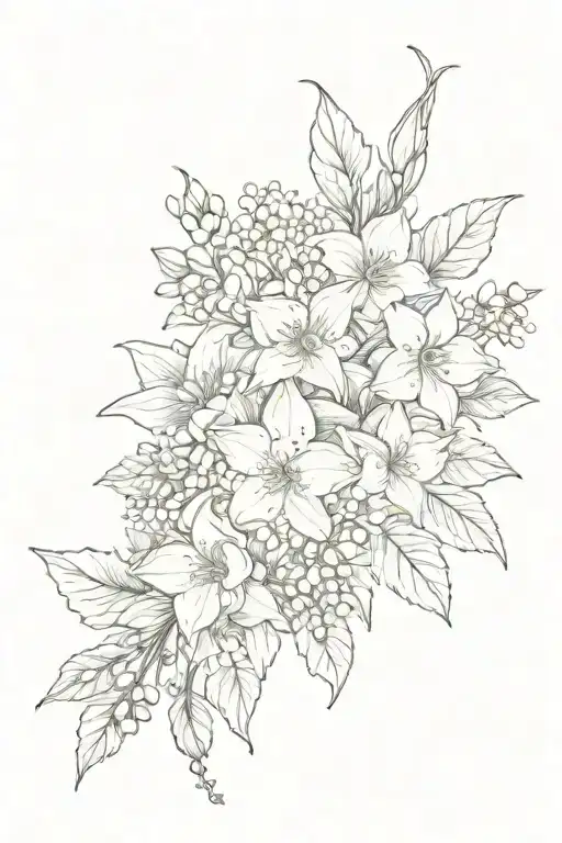bouquet of hawthorn, Lilly of the valley, narcissus, larkspur, waterlilly, morning glory, aster, rose, honeysuckle tattoo design idea