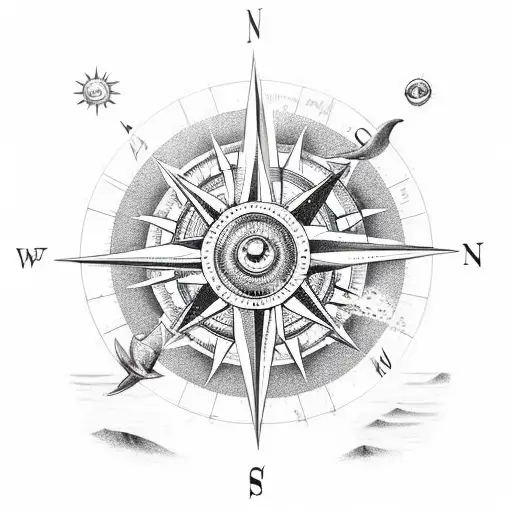compass, hiking, sun, mardi gras mask, waves, light towers, shark diving tattoo design idea