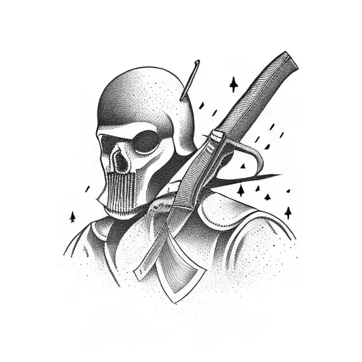 Butcher's knife crossed with a soldier's rifle tattoo design idea