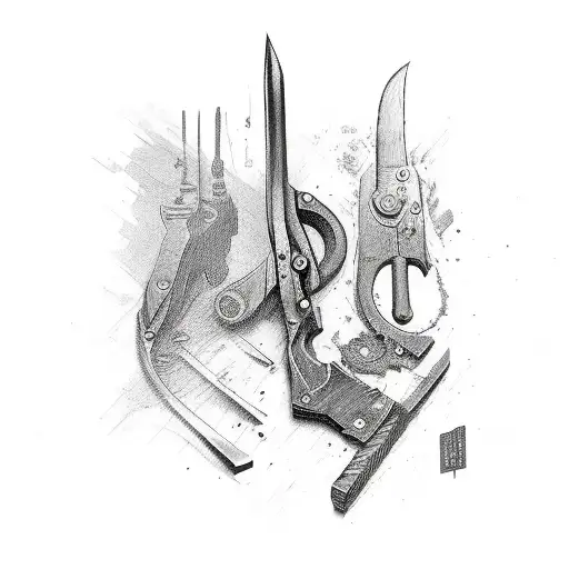 tools of the trade at the top with a wrench, a butchers knife and an assault rifle below tattoo design idea