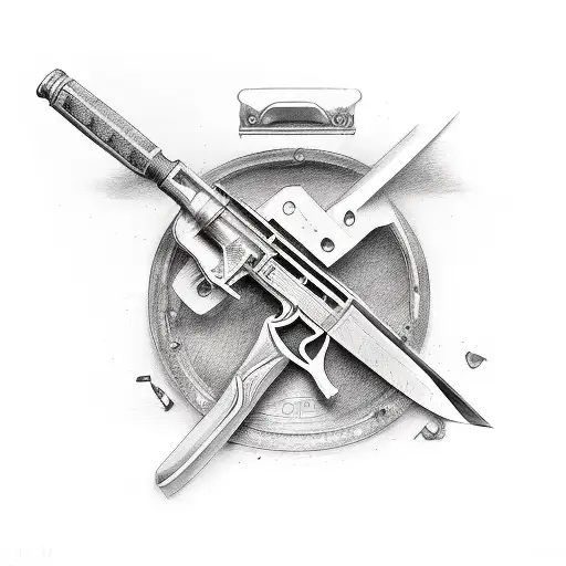 title at the top "tools of the trade" and a butchers knife, an assault rifle and an open end wrench next to each other tattoo design idea