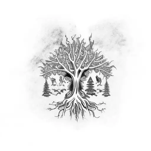 heaven vs hell, tree, red, white, blue,  tattoo design idea