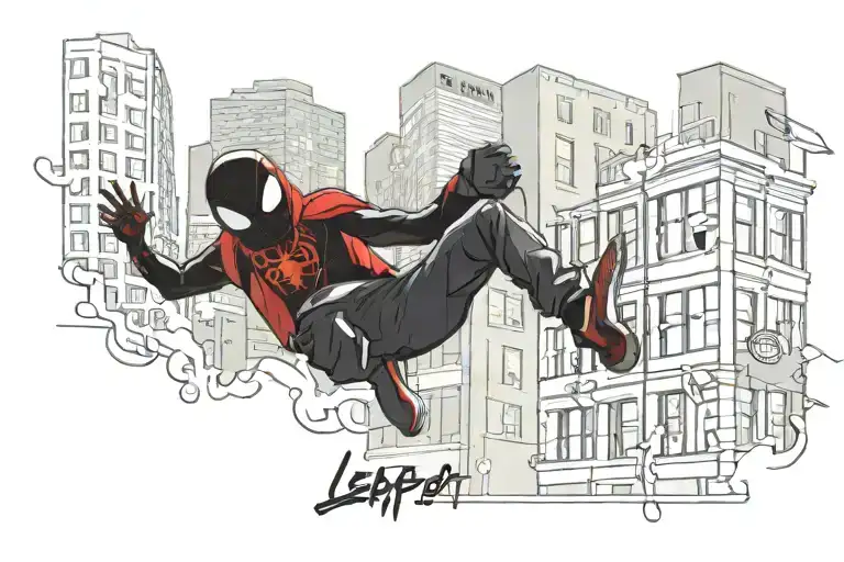 leap of faith miles morales back flip with building behind and words tattoo design idea