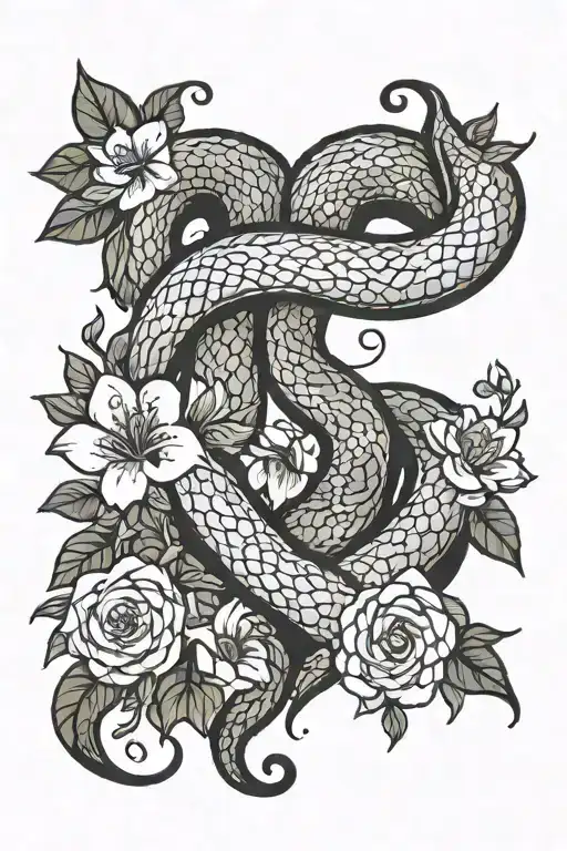 black mamba snake wrapped around heart with flowers tattoo design idea