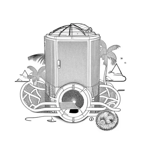 An air conditioner unit surrounded by tropical beach elements tattoo design idea