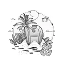 An air conditioner unit surrounded by tropical beach elements tattoo design idea