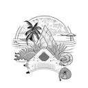 An air conditioner unit surrounded by tropical beach elements tattoo design idea