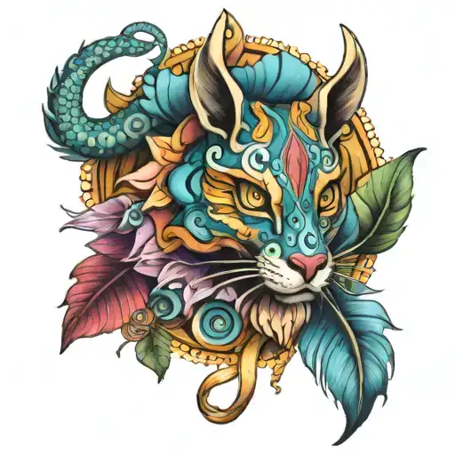 A traditional style tattoo of a mystical creature inspired by alebrijes, surrounded by artistic tools tattoo design idea