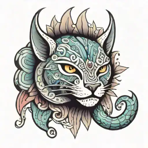 A traditional style tattoo of a mystical creature inspired by alebrijes, surrounded by artistic tools tattoo design idea