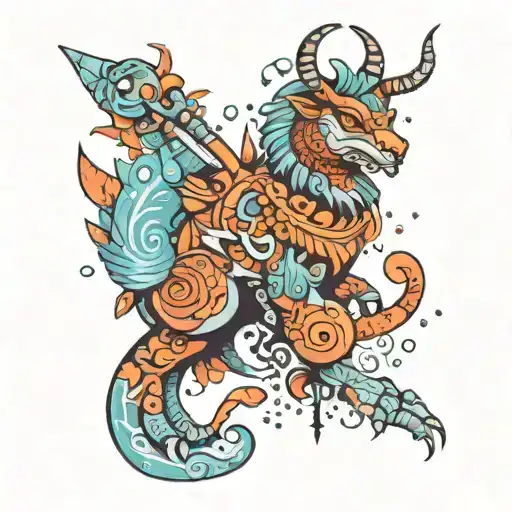 A traditional style tattoo of a mystical creature inspired by alebrijes, surrounded by artistic tools tattoo design idea