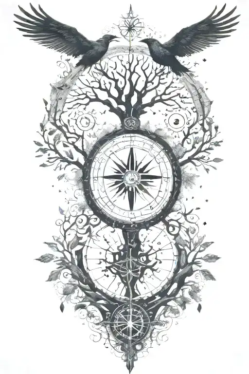 tree of life with Nordic compass surrounded by Nordic runes reading "not all those who wonder are lost" with crows  tattoo design idea