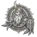 A tattoo design of a prison guard with a hidden passion for Norse mythology, featuring intricate details of Odin's wisdom and Thor's strength, with subtle references to Mjolnir and ravens in the background tattoo design idea