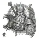 A tattoo design of a prison guard with a hidden passion for Norse mythology, featuring intricate details of Odin's wisdom and Thor's strength, with subtle references to Mjolnir and ravens in the background tattoo design idea
