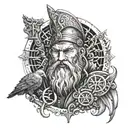 A tattoo design of a prison guard with a hidden passion for Norse mythology, featuring intricate details of Odin's wisdom and Thor's strength, with subtle references to Mjolnir and ravens in the background tattoo design idea