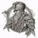 A tattoo design of a prison guard with a hidden passion for Norse mythology, featuring intricate details of Odin's wisdom and Thor's strength, with subtle references to Mjolnir and ravens in the background tattoo design idea