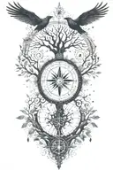 tree of life with Nordic compass surrounded by Nordic runes reading "not all those who wonder are lost" with crows  tattoo design idea
