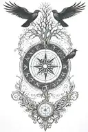 tree of life with Nordic compass surrounded by Nordic runes reading "not all those who wonder are lost" with crows  tattoo design idea
