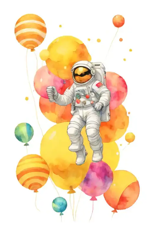 astronaut with 4 balloons, the balloons are planets. Venus in the background tattoo design idea