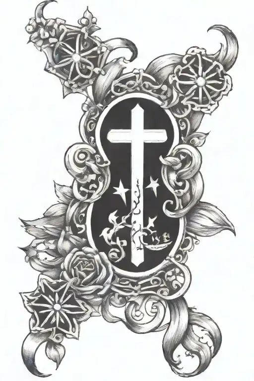 forearm sleeve tattoo feautring word "bendecido", a rosary cross , sol de mayo, stars spreaded throughout tattoo design idea