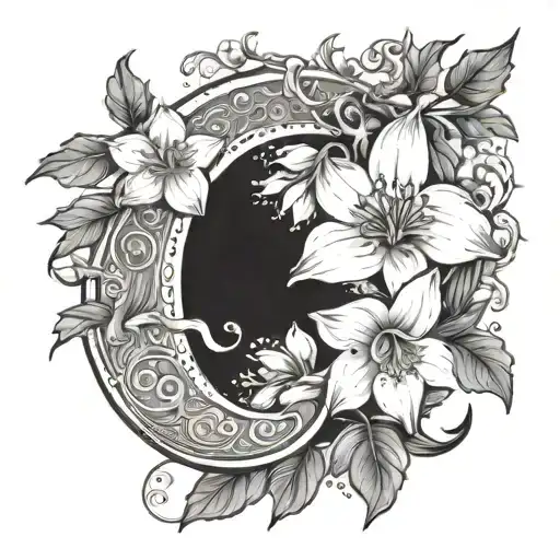  waning crescent moon surrounded by narcissus, holly, Lilly of the valley, and hawthorn flowers tattoo design idea