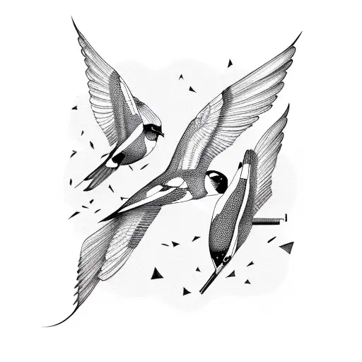 Three Swallow Birds together with geometric and flowers sleeve tattoo design idea